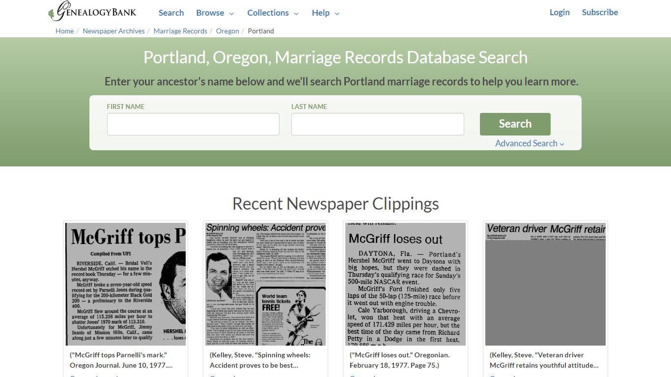 Portland , Oregon , Marriage Records Database Search